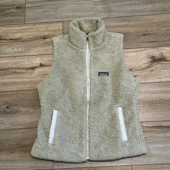 Women's Patagonia Los Gatos Vest SZ Large Tan Full Zip Sherpa Fleece Pockets - Picture 1 of 11